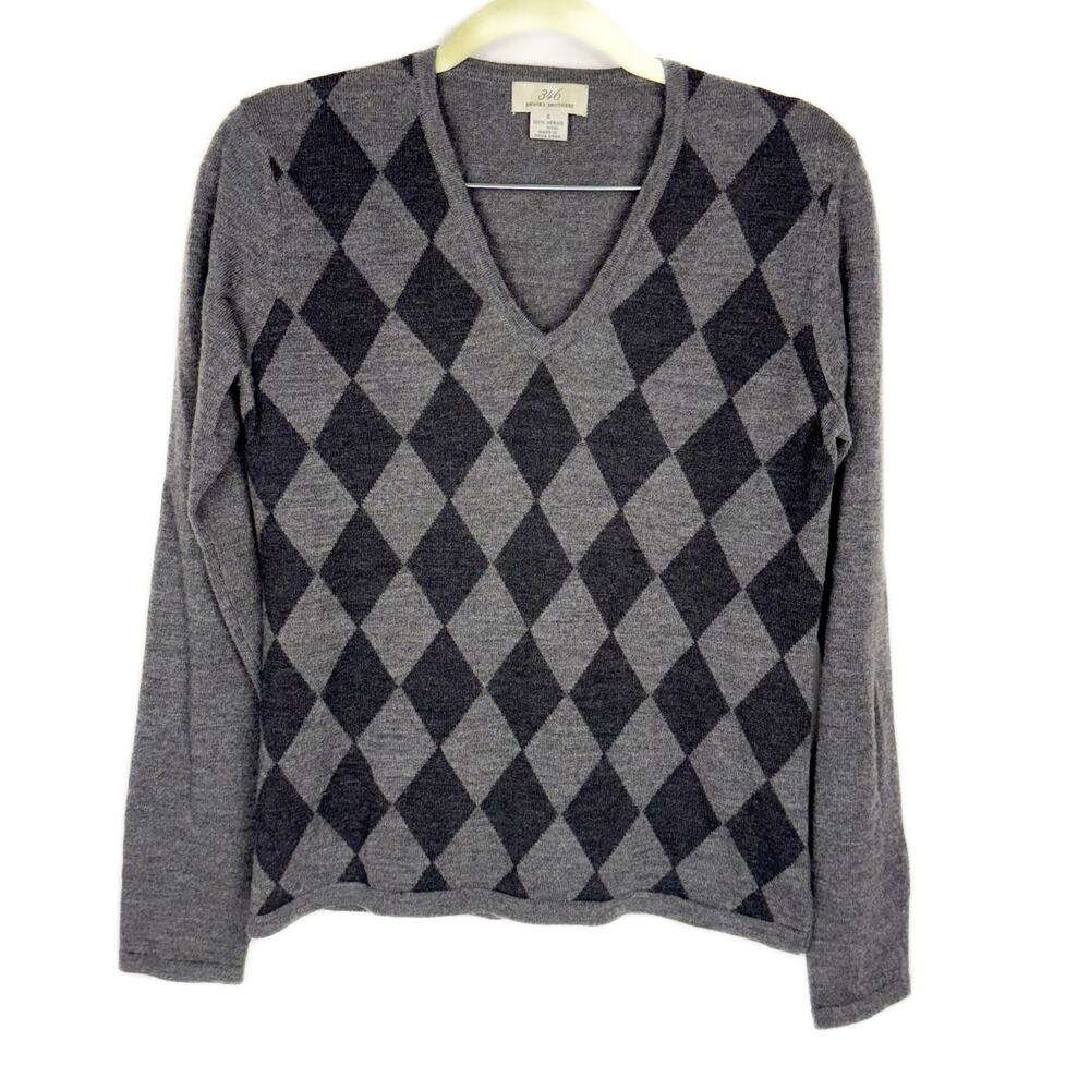 Brooks‎ Brothers 346 Gray Argyle Tight Knit V Neck Merino Wool Sweater Sz Small